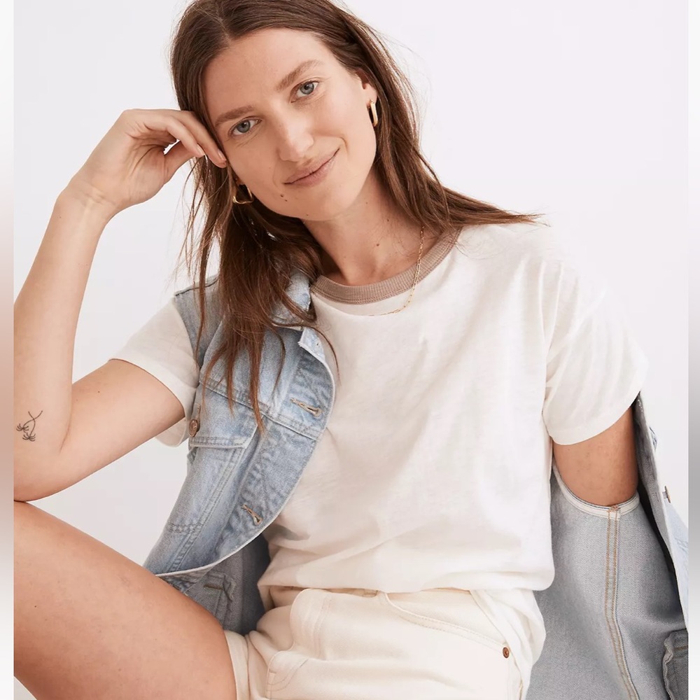 NWT MADEWELL Whisper Cotton Rib-Crewneck Ringer Tee / X-SMALL / TELLURIDE STONE